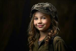 retrato do uma pequeno menina dentro uma militares uniforme. estúdio tomada. ai gerado foto