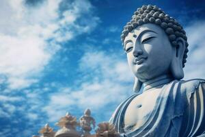 Buda estátua com azul céu e nuvens fundo ai gerado foto