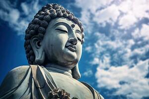 Buda estátua com azul céu e nuvens fundo ai gerado foto