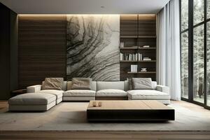 interior do moderno vivo quarto com de madeira paredes, concreto chão, confortável branco sofás e estante foto