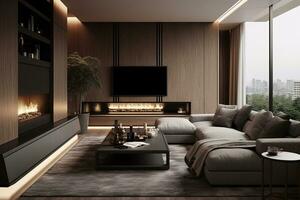 interior do moderno vivo quarto com de madeira paredes, tapete em a chão, confortável sofá e televisão em a parede foto