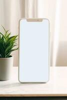 brincar Smartphone com em branco tela em mesa com verde plantar ai gerado foto