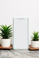 brincar Smartphone com em branco tela em mesa com verde plantar ai gerado foto