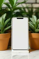 brincar Smartphone com em branco tela em mesa com verde plantar ai gerado foto