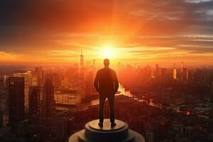 homem olhando às a arranha-céus do edifícios cidade às pôr do sol ai gerado foto