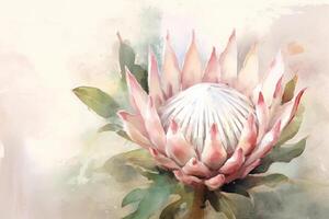 aguarela pintura do uma protea flor em uma aguarela fundo ai gerado foto