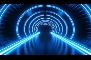 3d abstrato fundo com néon luzes. néon túnel.espaço construção. 3d ilustração ai gerado foto