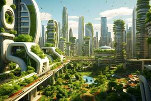 3d Renderização do uma verde cidade com arranha-céus dentro a fundo ai gerado foto