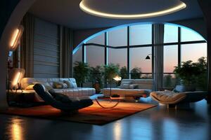 moderno e futurista interior vivo quarto apartamento ai gerado foto