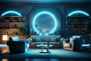 interior do uma vivo quarto com dois couro sofás iluminado de azul néon luzes 3d Renderização ai gerado foto