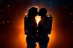 astronauta casal se beijando em a fundo do a noite céu. ai gerado foto