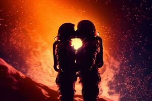 astronauta casal se beijando em a fundo do a noite céu. ai gerado foto