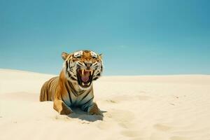 tigre em repouso em a de praia natureza Visão ai gerado foto