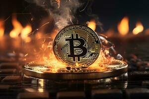 bitcoin em fogo fundo. criptomoeda conceito. 3d ilustração ai gerado foto