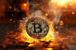 bitcoin em fogo fundo. criptomoeda conceito. 3d ilustração ai gerado foto
