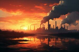 industrial panorama com poluente fábrica às pôr do sol. vetor ilustração. ai gerado foto
