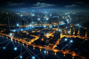 aéreo Visão do edifícios cidade às noite com Internet rede conexão. ai gerado foto