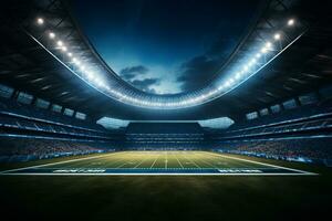 futebol estádio às noite com luzes e chamas. 3d Renderização ai gerado foto