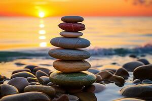 pilha do zen pedras em a de praia às pôr do sol. zen conceito ai gerado foto