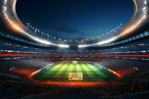 futebol estádio às noite com luzes e chamas. 3d Renderização ai gerado foto