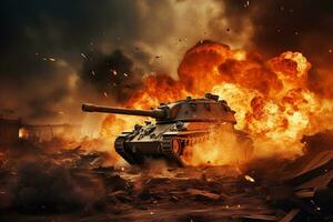guerra conceito. militares silhuetas brigando cena em tanque guerra névoa céu fundo, ai gerado foto