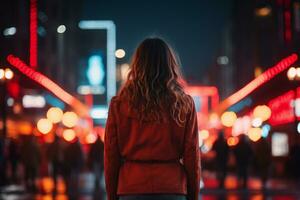 costas Visão do uma jovem mulher dentro vermelho Jaqueta caminhando dentro a cidade às noite ai gerado foto