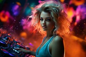 lindo menina dj jogando música às festa com colorida luzes em fundo ai gerado foto
