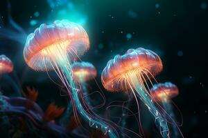 medusa flutuando dentro a oceano. 3d render ilustração. ai gerado foto
