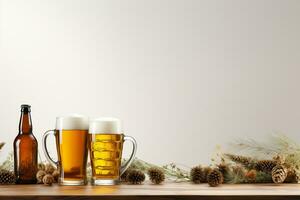 canecas do Cerveja em uma de madeira mesa. em uma branco fundo. ai gerado foto