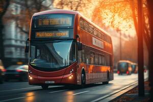 vermelho Duplo decker ônibus em a estrada dentro Londres às pôr do sol. ai gerado foto