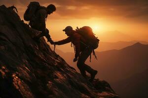 trabalho em equipe do dois alpinistas em a topo do uma montanha às nascer do sol ai gerado foto