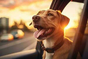 fofa cachorro dentro a carro às pôr do sol. animal viagem conceito. ai gerado foto