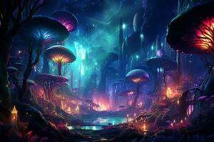 fantasia panorama com cogumelos dentro a floresta. 3d ilustração. ai gerado foto
