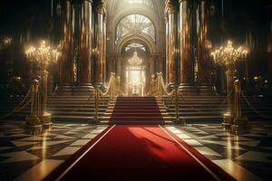 interior do real Palácio com vermelho tapete e dourado escadaria. 3d renderização ai gerado foto