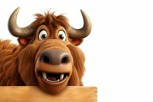 touro personagem desenho animado isolado em branco fundo 3d ilustração do terras altas gado ai gerado foto