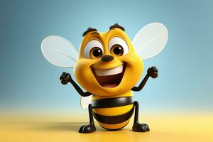 3d ilustração do uma feliz abelha desenho animado personagem com braços elevado ai gerado foto