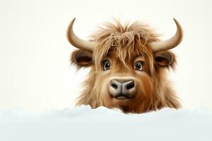 engraçado face do uma vermelho vaca com grande chifres e grande olhos ai gerado foto