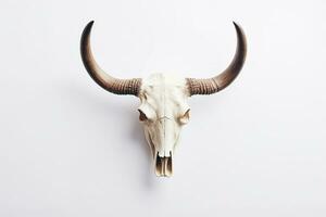 crânio do uma touro com chifres em uma branco fundo. a Visão a partir de a topo ai gerado foto