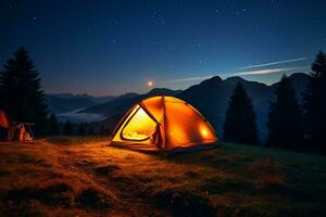 acampamento barraca em a topo do a montanha durante a pôr do sol. ai gerado foto