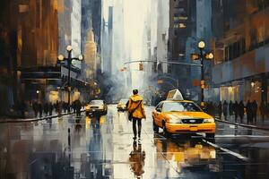 amarelo Táxi táxi dirigindo através vezes quadrado dentro Novo Iorque. ai gerado foto