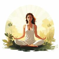 ioga mulher dentro lótus pose em natureza fundo. vetor ilustração. ai gerado foto