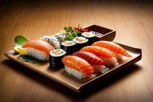 de dar água na boca frutos do mar deleite com Sushi, sashimi e wasabi de generativo ai foto