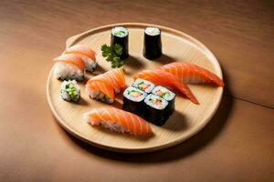 de dar água na boca frutos do mar deleite com Sushi, sashimi e wasabi de generativo ai foto