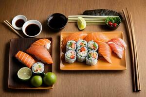 gourmet frutos do mar apresentação com Sushi, sashimi e wasabi de generativo ai foto