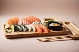 tentador fresco frutos do mar deleite com Sushi, sashimi e wasabi de generativo ai foto