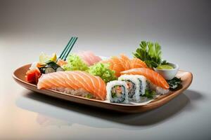 tentador fresco frutos do mar deleite com Sushi, sashimi e wasabi de generativo ai foto