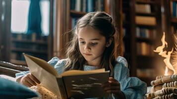 menina lendo uma livro dentro a biblioteca generativo ai foto