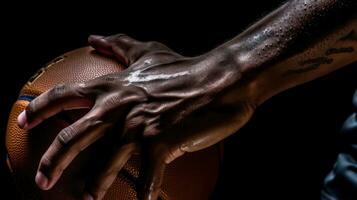 fechar-se tiro do mãos segurando uma basquetebol. generativo ai foto