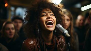 uma cantor cantando dentro a subterrâneo bar. generativo ai foto