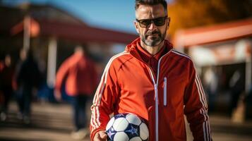 profissional futebol jogador preparando para Treinamento segurando uma futebol bola. generativo ai foto